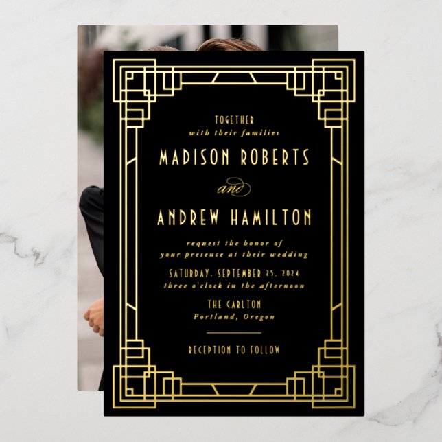 Modernes Art Deco Hochzeit von Schwarz und Gold Folieneinladung (Vorderseite/Rückseite)