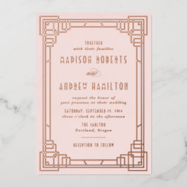 Modernes Art Déco Hochzeitsrot und Rose Gold Folieneinladung