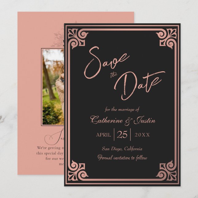 Modernes Art Deco Pink Black Peacock Foto Hochzeit Save The Date (Vorne/Hinten)