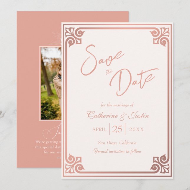 Modernes Art Deco Rosa Pfauenhochzeit Foto Rosa Save The Date (Vorne/Hinten)