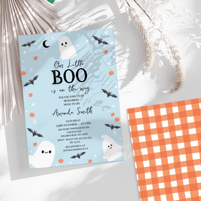 Modernes Baby Blue Halloween Little Boo Baby Dusch Einladung (Blue Little Boo Baby Shower Invitation, Halloween Baby Shower Invite, Gender Neutral Ghosts)