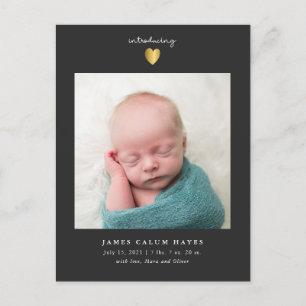 Modernes Baby Boy Foto Gold Herzgeburt Ankündigungspostkarte