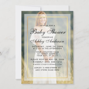 Modernes Baby Dusche Gold Frame Overlay Foto Einladung