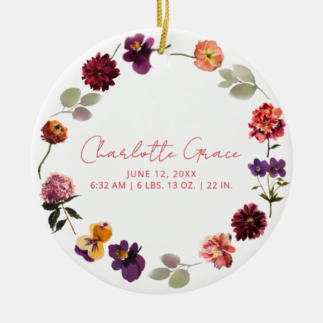 Modernes Baby Foto Birth Stats Boho Rustikale Flor Keramik Ornament (Vorne)