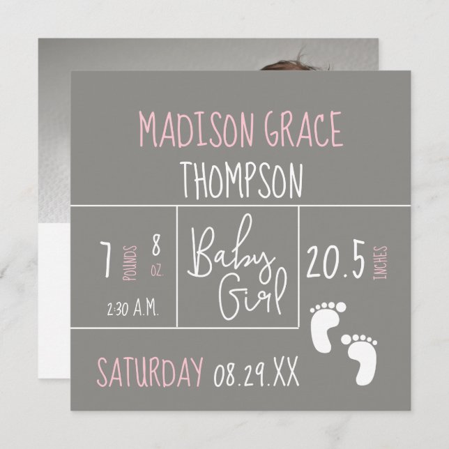 Modernes Baby Girl Geburtshilfe Ankündigung Foto P (Vorne/Hinten)