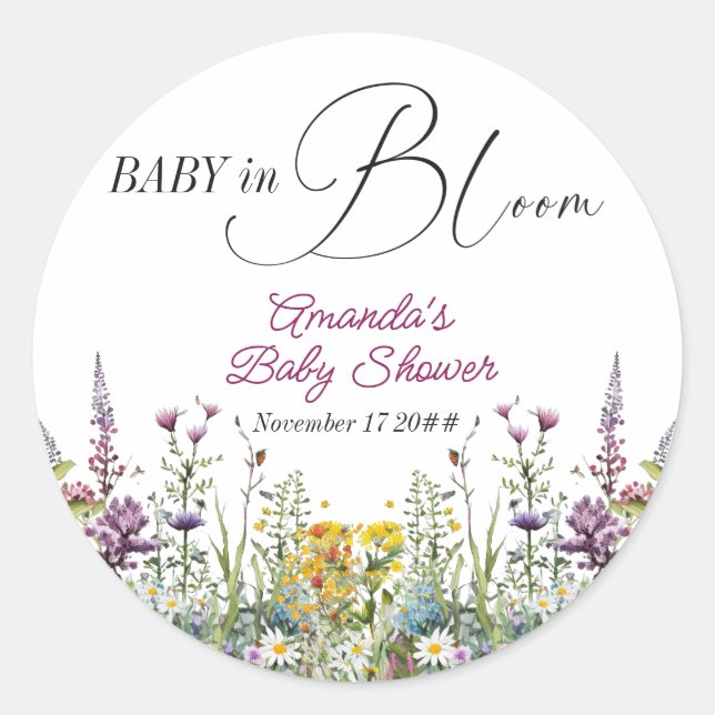 Modernes Baby in Bloom Wildblume Blumenkinderdusch Runder Aufkleber (Vorderseite)