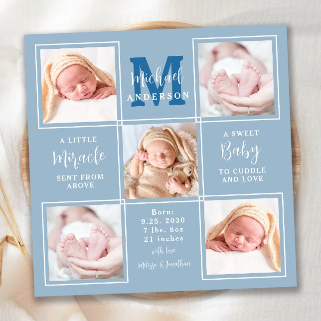 Modernes Baby Personalisiert 5 Foto Blue Birth Ankündigung (Von Creator hochgeladen)