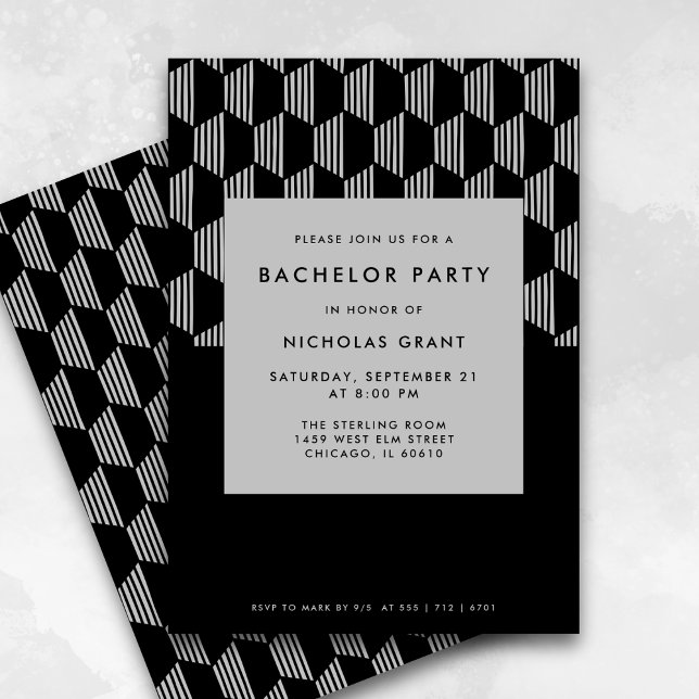 Modernes Bachelor Party Minimal Black Silver Einladung (Fully editable.)