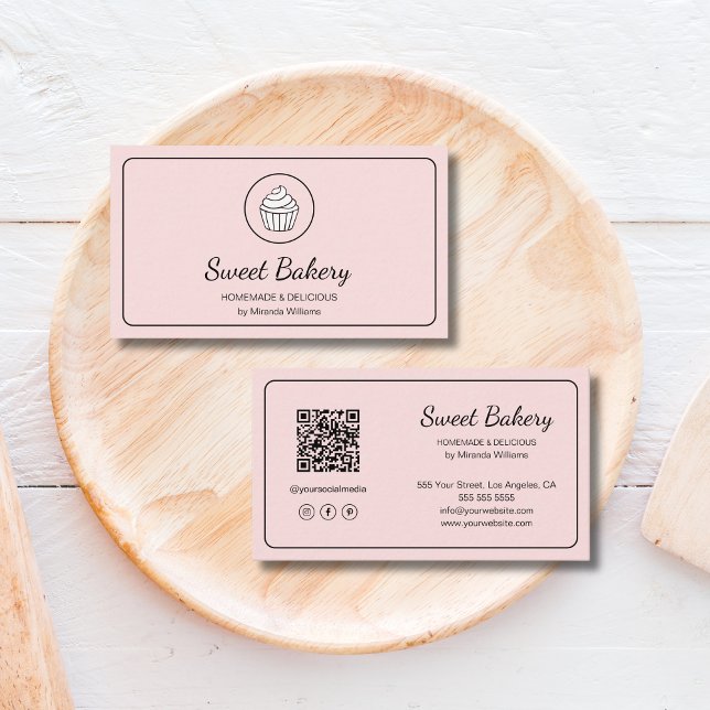 Modernes Bäckerei-Logo QR-Code Rosa Visitenkarte (Modern Bakery Logo QR Code Pink Business Card)