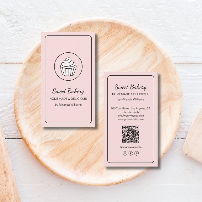 Modernes Backwaren-Cupcake-Logo QR-Code Rosa Visitenkarte (Modern Bakery Cupcake Logo QR Code Pink Business Card)