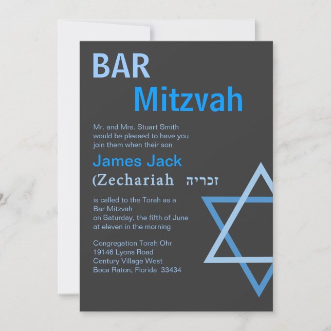 Modernes Bar Mitzvah Invitiation mit hebräischem Einladung (Vorderseite)