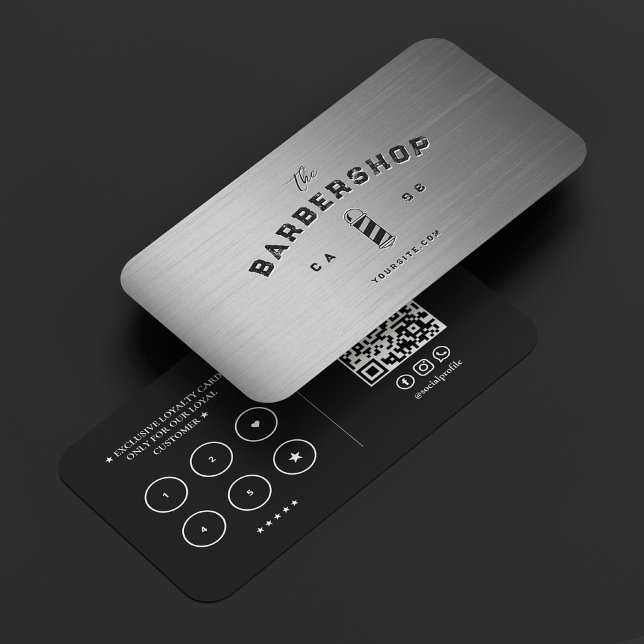 Modernes Barber Silver Black Barbershop Loyalität Visitenkarte (Modern Barber Silver Black Barbershop Loyalty Business Card
)