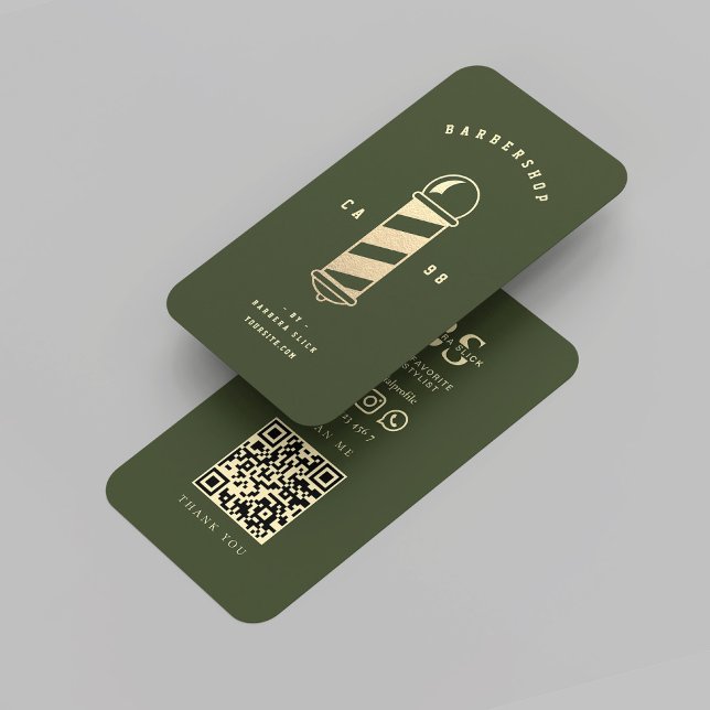 Modernes Barbershop Dunkle Grüne Reisen Barbernens Visitenkarte (Modern Barbershop Dark Green QR Gold Barber Pole Business Card
)