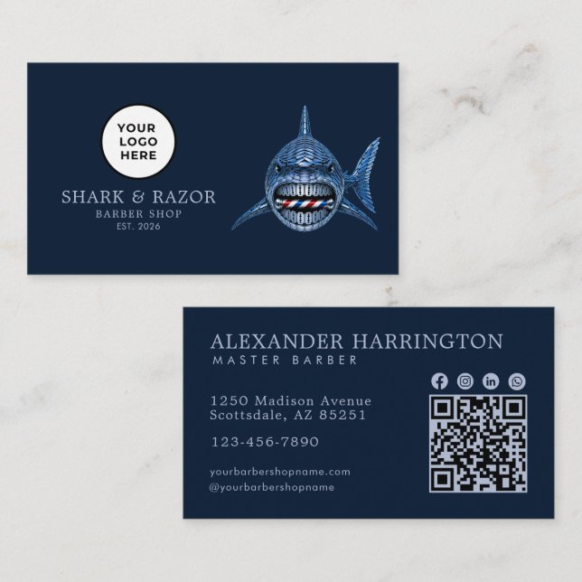 Modernes Barbier-Stahl-Hai-Logo Qr-Code Visitenkarte (Vorne/Hinten)