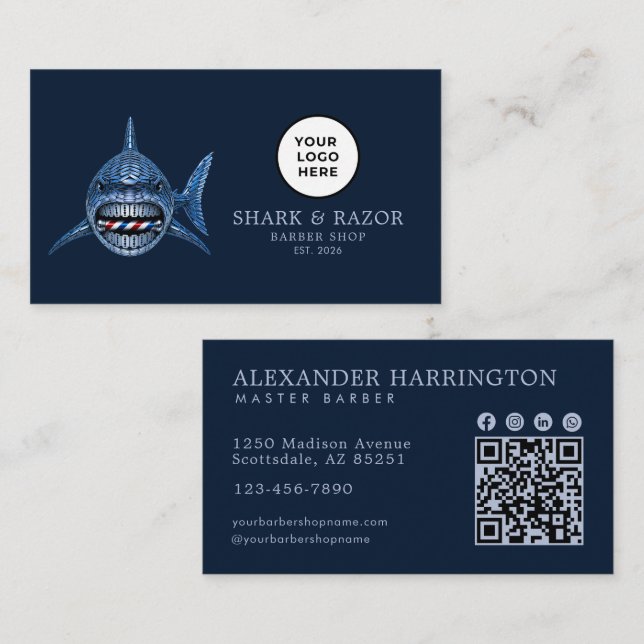 Modernes Barbier-Stahl-Shark-Logo Qr-Code Visitenkarte (Vorne/Hinten)