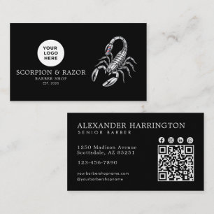 Modernes Barbiergeschäft Silber Skorpion Logo Qr C Visitenkarte
