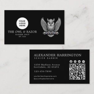 Modernes Barbiergeschäft Silver Owl Logo Qr Code Visitenkarte