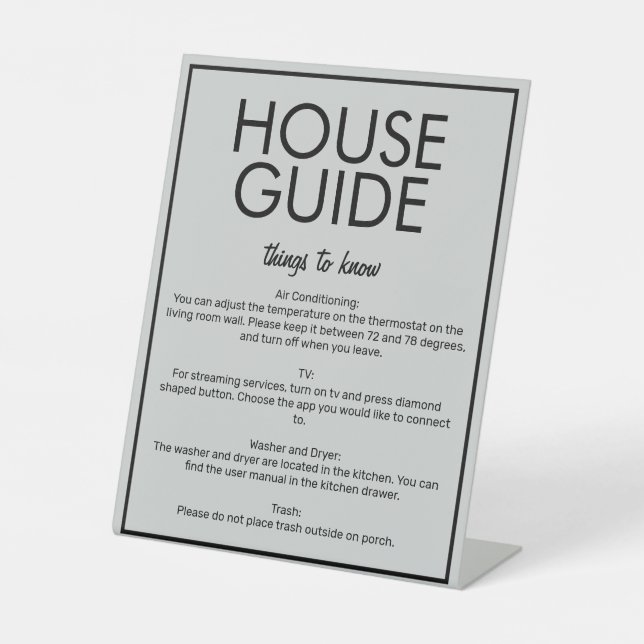 Modernes Basic Grau House Guide Gästekarten Sockelschild (Vorderseite)