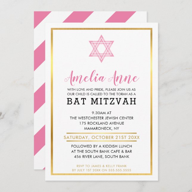 MODERNES BAT MITZVAH INVITE Goldener rosa jüdische Einladung (Vorne/Hinten)