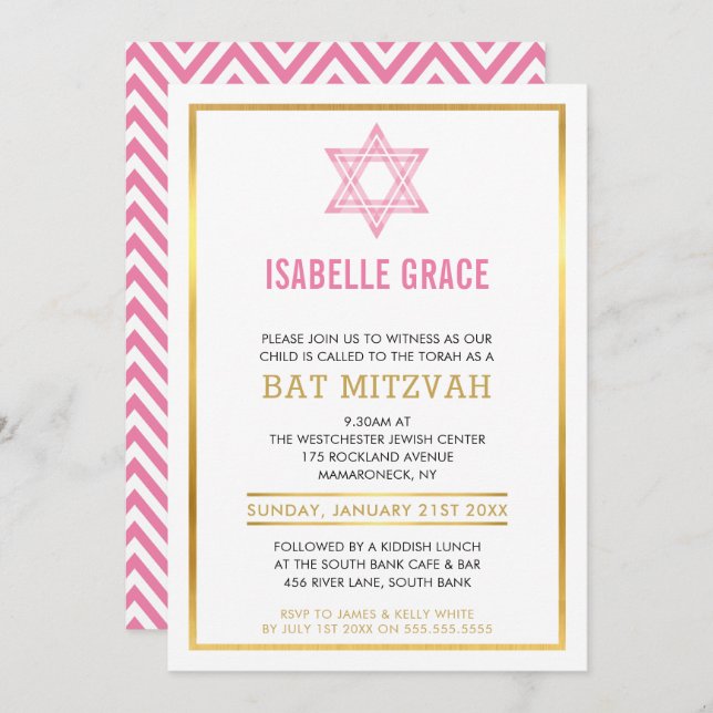 MODERNES BAT MITZVAH INVITE Goldener rosa jüdische Einladung (Vorne/Hinten)