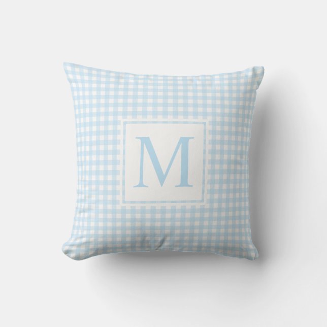 Modernes Bauernhaus Baby Blue Monogram Small Gingh Kissen (Vorderseite)