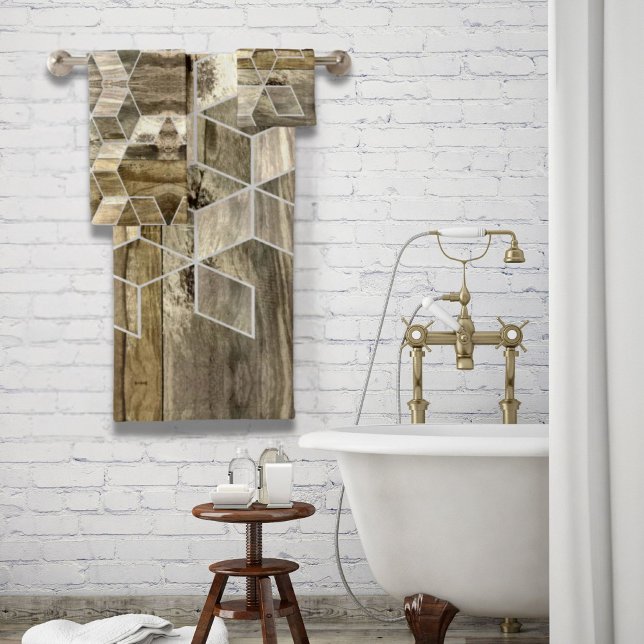 Modernes Bauernhaus Braun Holz Geometrie Muster Badhandtuch Set (Modern Farmhouse Brown Wood Geometric Pattern Bath Towel Set)