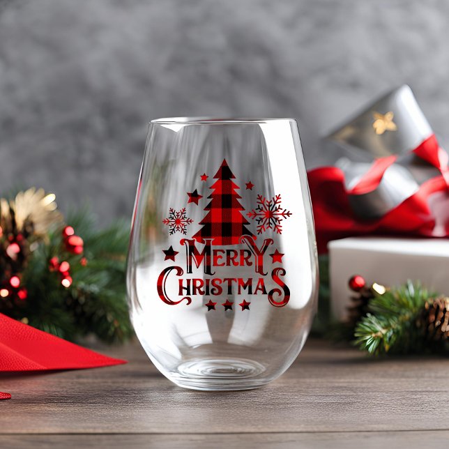 Modernes Bauernhaus Buffalo Kariert Frohe Weihnach Weinglas Ohne Stiel (Modern Farmhouse Buffalo Plaid Merry Christmas Stemless Wine Glass)