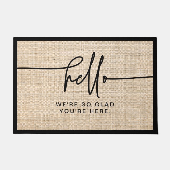 Modernes Bauernhaus Burlap Hello So Glad Sie sind  Fußmatte (Vorderseite)