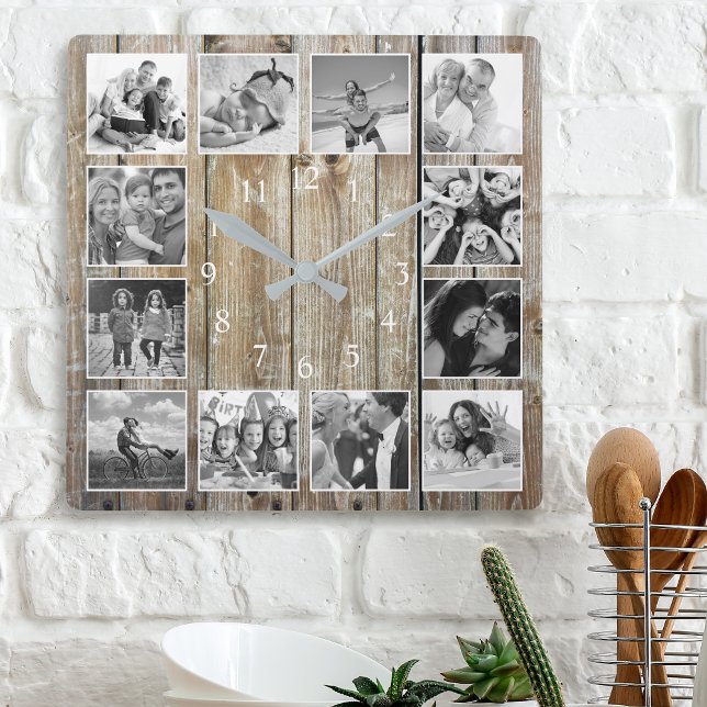 Modernes Bauernhaus Familie Rustikale FotoCollage Quadratische Wanduhr (Von Creator hochgeladen)
