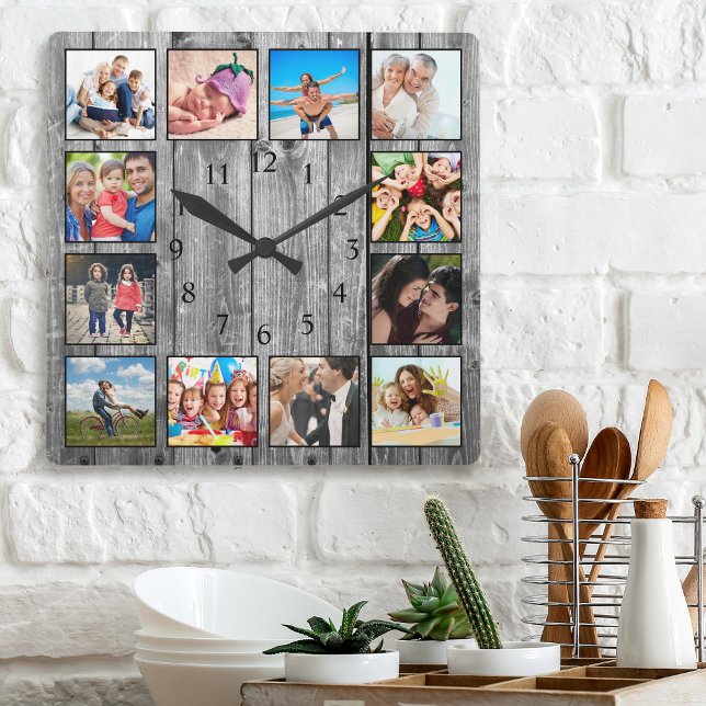Modernes Bauernhaus Familie Rustikale FotoCollage Quadratische Wanduhr (Von Creator hochgeladen)