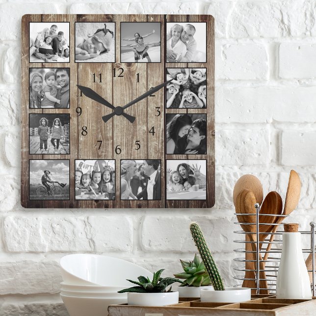 Modernes Bauernhaus Familie Rustikale FotoCollage Quadratische Wanduhr (Von Creator hochgeladen)