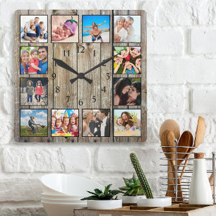 Modernes Bauernhaus Familie Rustikale FotoCollage Quadratische Wanduhr