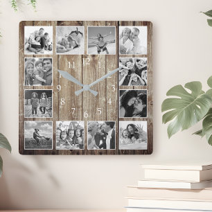 Modernes Bauernhaus Familie Rustikale FotoCollage Quadratische Wanduhr