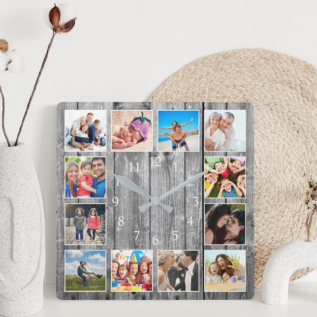 Modernes Bauernhaus Familie Rustikale FotoCollage Quadratische Wanduhr (Von Creator hochgeladen)
