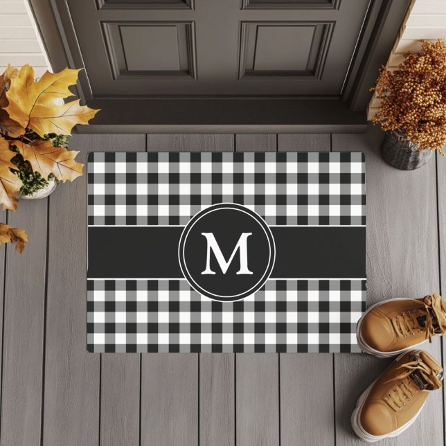 Modernes Bauernhaus Schwarz Kariert Monogram Fußmatte (Modern Farmhouse Black Plaid Monogram Doormat)