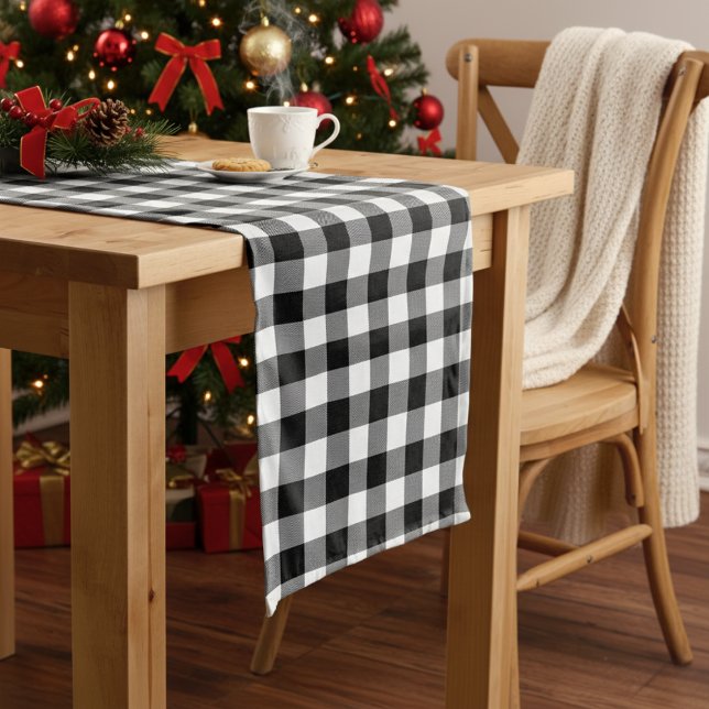 Modernes Bauernhaus Schwarz-Weiß Buffalo Kariert Großer Tischläufer (Modern Farmhouse Black and White Buffalo Plaid Long Table Runner)