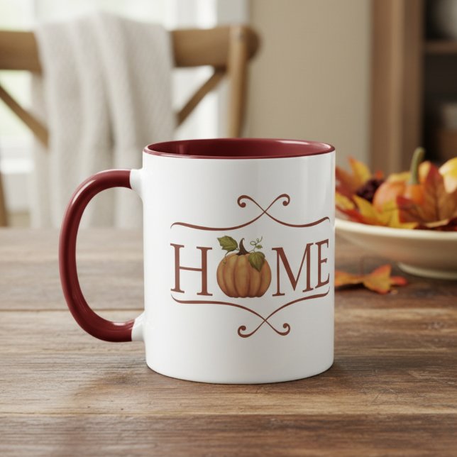 Modernes Bauernhaus "Zuhause" Gemütlich Herbst Tasse (HOME rustic coffee mug with a pumpkin for the O in HOME.)