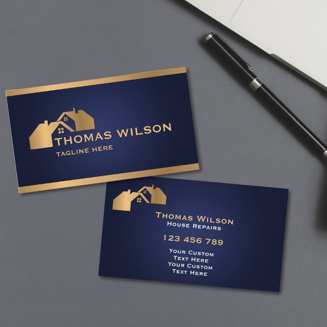 Modernes Bauhandyman Carpenter Roof Gold Visitenkarte (modern carpenter handyman business cards with navy blue background and gold rooftops)