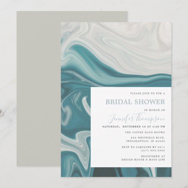 Modernes Beach Blue und Gray Marble Brautparty Einladung (Vorne/Hinten)