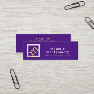 Modernes, bearbeitbares Monogramm, Lila und Gold Mini Visitenkarte
