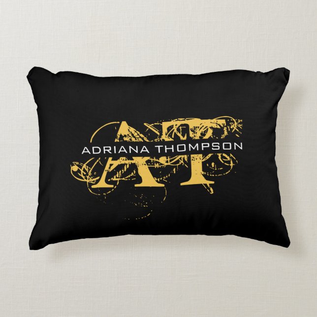 Modernes, bedrücktes Schwarz/Gold-Mit Monogramm Dekokissen (Vorderseite)