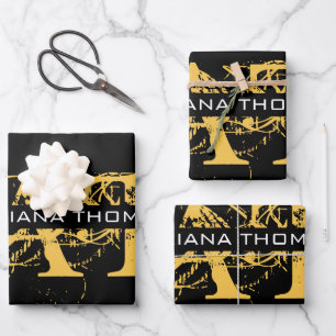 Modernes, bedrücktes Schwarz/Gold-Mit Monogramm Geschenkpapier Set