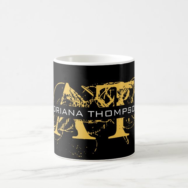 Modernes, bedrücktes Schwarz/Gold-Mit Monogramm Kaffeetasse (Mittel)