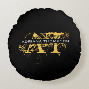 Modernes, bedrücktes Schwarz/Gold-Mit Monogramm Rundes Kissen