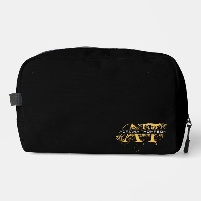 Modernes, bedrücktes Schwarz/Gold-Mit Monogramm Waschbeutel (Vorderseite)