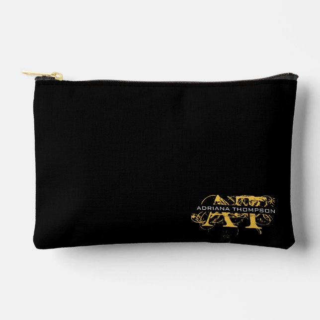 Modernes, bedrücktes Schwarz/Gold-Mit Monogramm Zubehörtasche (Vorderseite)
