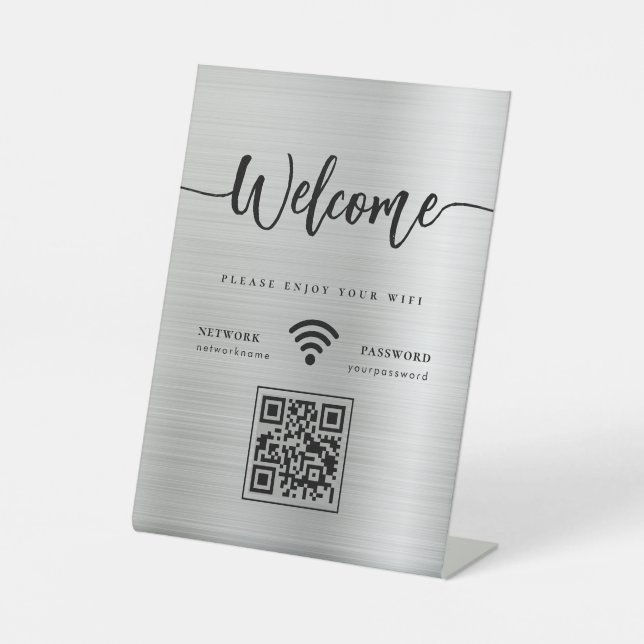 Modernes Begrüßungsskript WIFI QR Code Silver Meta Sockelschild (Vorderseite)