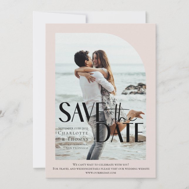Modernes, beige-braun-Rose-Foto-Save the Date Einladung (Vorderseite)