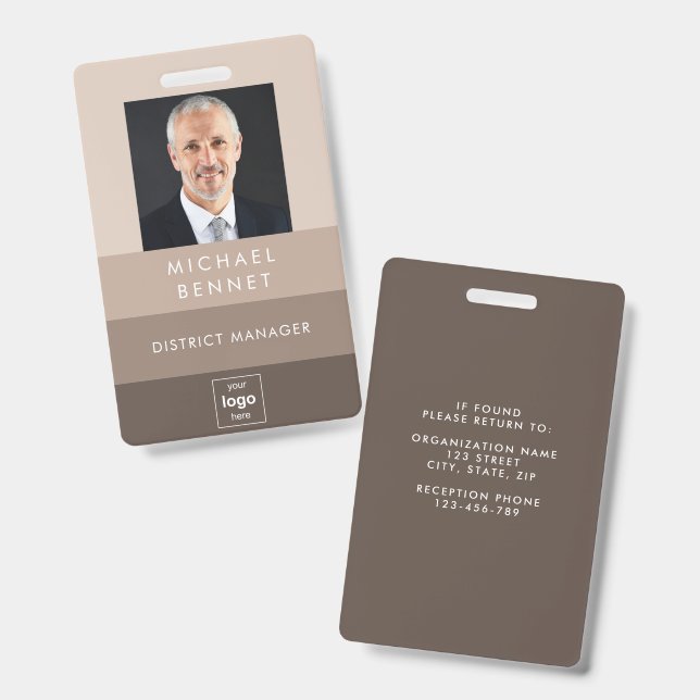 Modernes Beige Brown Corporate Foto ID Ausweis (Vorder- & Rückseite)