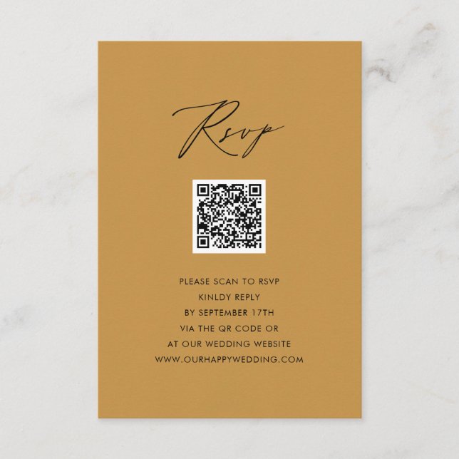 Modernes Beige elegantes Script QR Wedding RSVP Begleitkarte (Vorderseite)
